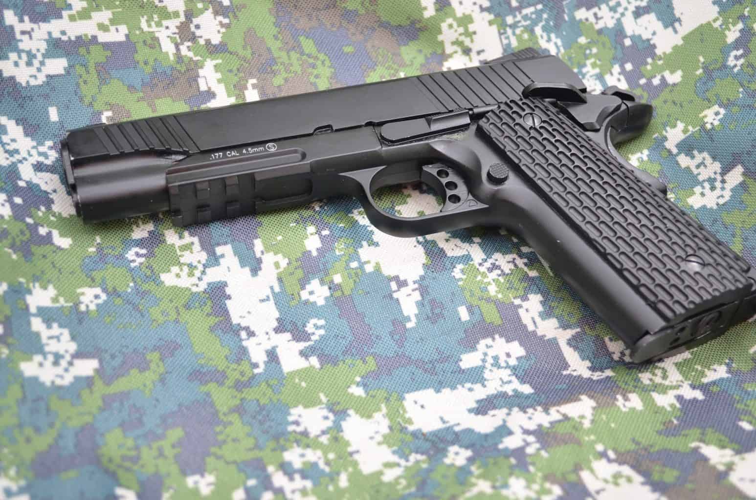 A gun with a camo background