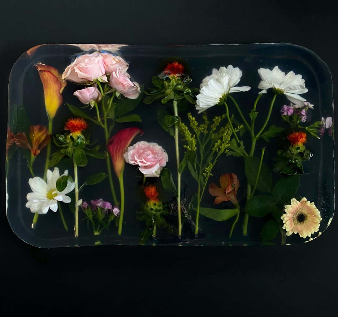 Flowers covered with epoxy resin