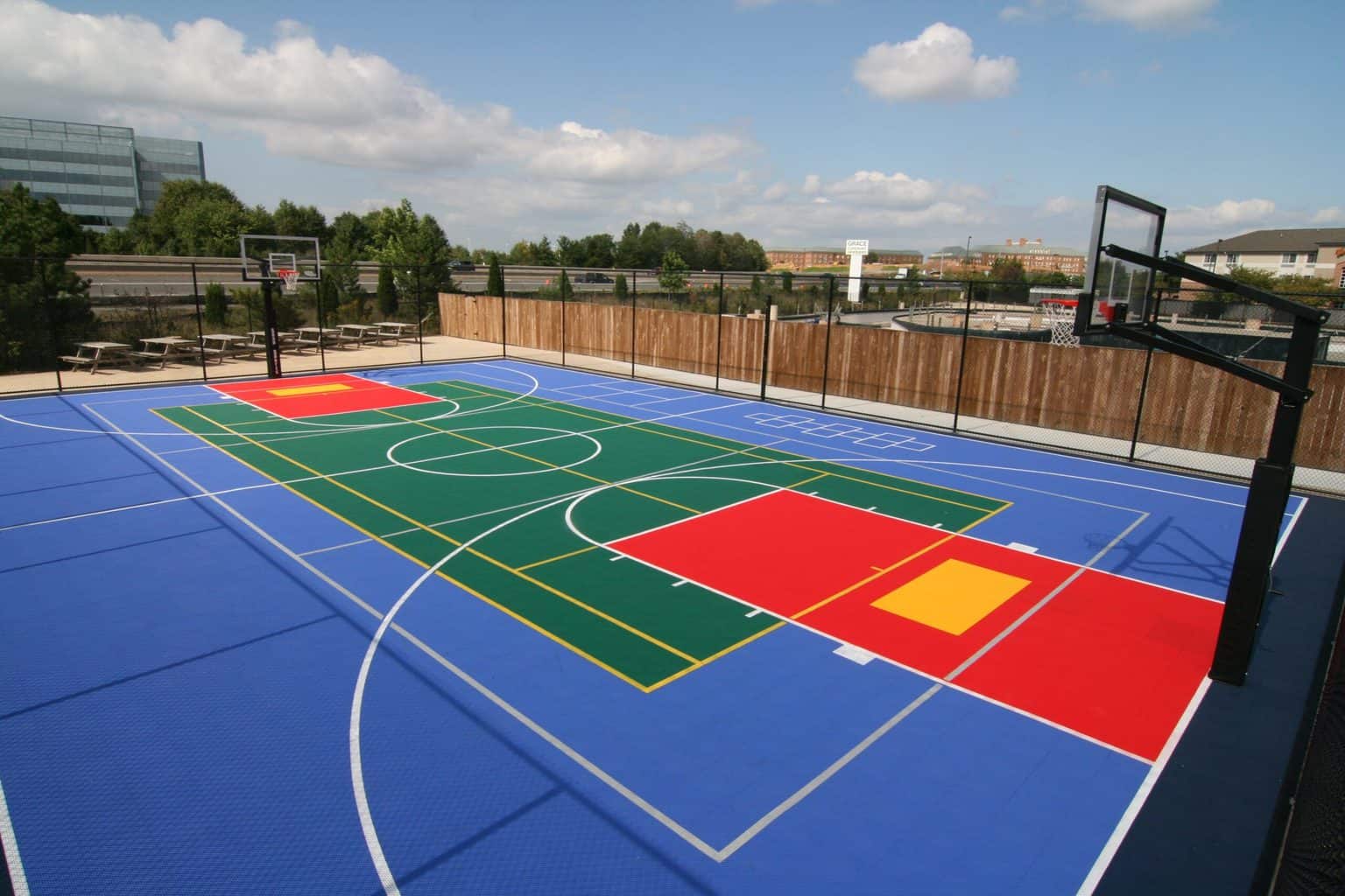 An epoxy coated flooring basketball court