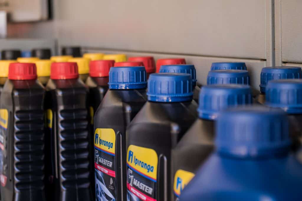 Cans of engine oils stacked